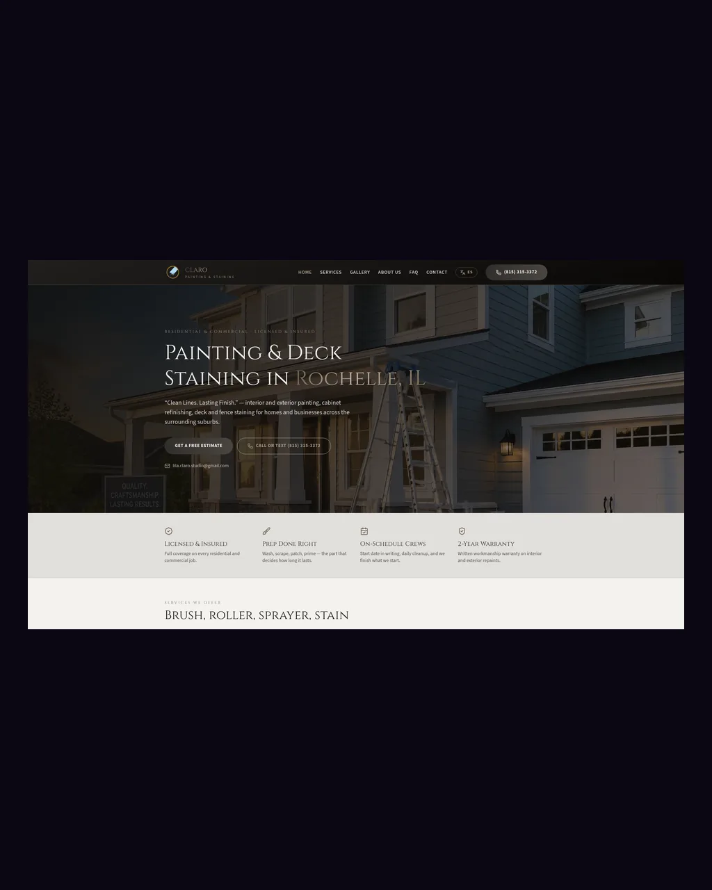 Homepage of Claro Painting & Staining, a live client website with a free-estimate call to action and licensed-and-insured trust badges